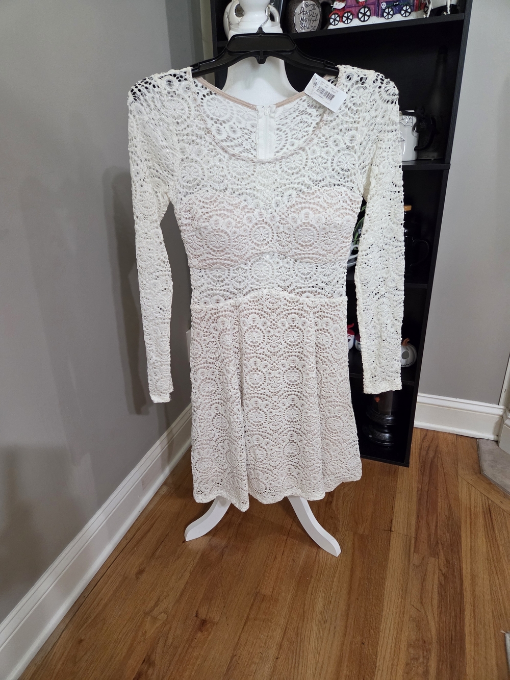Sequin Hearts White Long-Sleeve Crochet Fit & Flare Dress